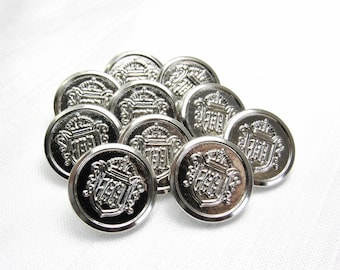 Silver Crests: 5/8" (15mm) Bright Silvertone Metal Buttons • Set of 10 New Old Stock Matching Buttons