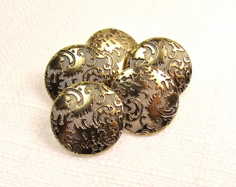 Textured Filigree: 11/16" (18mm) Bright Goldtone Faux Metal Buttons • Set of 5 Vintage New Old Stock Matching Buttons