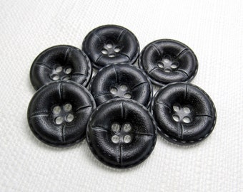 Dark Charcoal: 13/16" (21mm) Dark Gray Leather-Look Plastic Buttons • Set of 7 New / Unused Matching Vintage Buttons