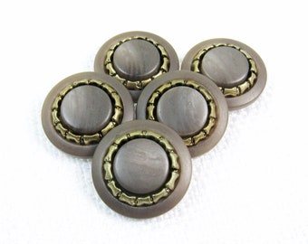 Ash-Gray Taupe & Faux Brass: 3/4" (19mm) Decorative Plastic Buttons • Set of 5 New Old Stock Buttons