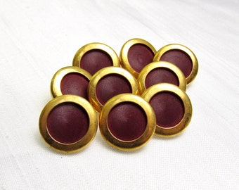 Merlot 'n Gold: 9/16" (14mm) Metal Based Buttons • Set of 9 Vintage New Old Stock Matching Buttons