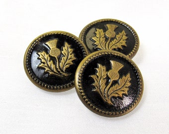 Scottish Thistle: 15/16" (24mm) Enameled-Style Goldtone Metal Buttons • Set of 3 Vintage New Old Stock Matching Buttons