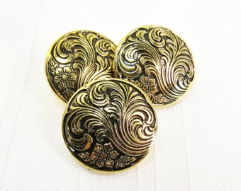 Flower & Swirl: 11/16" (18mm) Antiqued Gold Faux Metal Buttons • Set of 3 New / Unused Matching Buttons