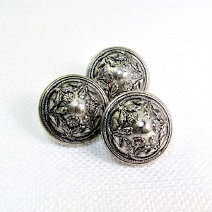 A Round of Flowers: 3/4 19mm Antiqued Silvertone Metal Buttons Set of 3 Vintage New Old Stock Buttons image 1