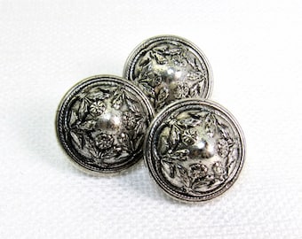 A Round of Flowers: 3/4" (19mm) Antiqued Silvertone Metal Buttons • Set of 3 Vintage New Old Stock Buttons