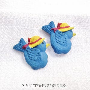 Happy Bluebirds: 1&quot; (25mm) x 1&quot; (25mm) Novelty Buttons • Set of 2 Vintage New Old Stock Buttons