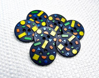 Navy & Confetti: 9/16" (14mm) Multi-Colored Buttons • Set of 7 New / Unused Matching Buttons