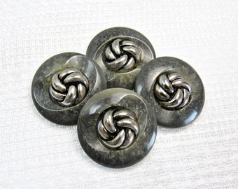 Dimension & Twist: 1" (25mm) Marbled Battleship Gray and Metallic Silver Buttons • Set of 4 New / Unused Vintage Buttons