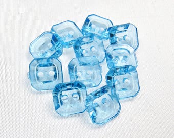 Clearly Square: 3/8" (9mm) Cornflower Blue Dished, Notched Corner Buttons • Set of 11 Vintage New Old Stock Matching Buttons