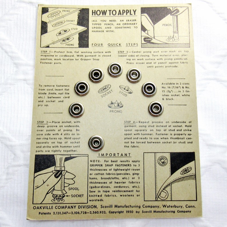 No Sewing Needed 716 24 Snaps Total No-Sew Gripper\u00ae Snaps: Size 16 3 New Old Stock Cards of 8 Snaps Each Silver Metal Snaps ~Vintage