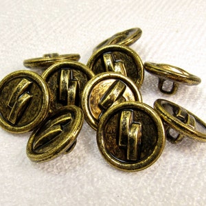 Graphic Gold: 5/8 15mm Antiqued Goldtone Metal Buttons Set of 10 New / Unused Matching Buttons image 2