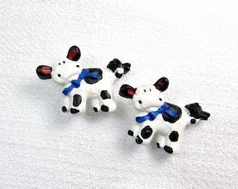 Moo Cows! 1-12/4" (31mm) Wide x 1" (25mm) High Novelty Buttons • Set of 2 Vintage New Old Stock Buttons