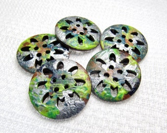 Crisp Air: 1" (25mm) Multicolor Hand Painted Openwork Wood Buttons - Set of 5