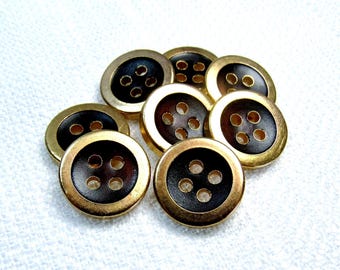 Gold & Black: 9/16" (14mm) Lightweight Metal Buttons• Set of 8 Vintage New Old Stock Matching Buttons