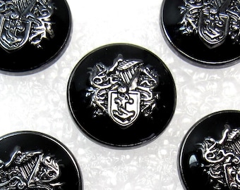 Harp & Crest: 11/16" (18mm) Deep Silver-Black Metallic Plastic Buttons • Set of 5 Vintage New Old Stock Matching Buttons