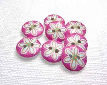 6 Petals: 5/8" (15mm) Pink/Blue/Orange/Green Wood Flower Buttons • Set of 8 New / Unused Buttons