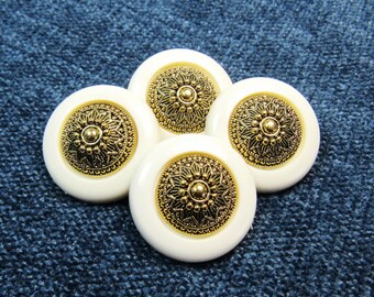 Dots & Starburst: 1" (25mm) Warm White and Antiqued Metallic Gold Buttons • Set of 4 Vintage New Old Stock Matching Buttons