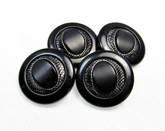 Elegant Ebony: 3/4" (19mm) Black Decorative Buttons • Set of 4 New / Unused Vintage Buttons