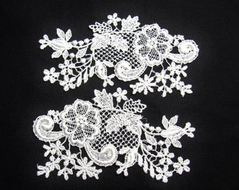 Floral Wedding White: Mirror-Image Sew-On (Not Iron-On) Lace Appliques • One Pair New Old Stock Matching Appliques