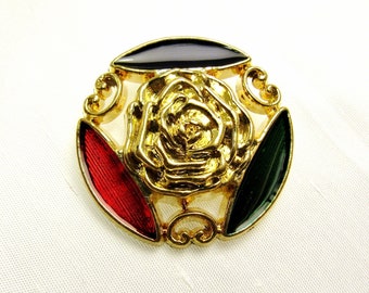 Rose dorée : gros bouton de 1 7/16 po. (36 mm) métallisé brillant ton or avec des accents rouges, verts et bleus ~ bouton vintage neuf/inutilisé