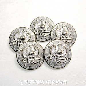 Zilverwitte adelaars: 22 mm verhoogde metalen reliëfknopen • Set van 5 nieuwe/ongebruikte bijpassende vintage knopen