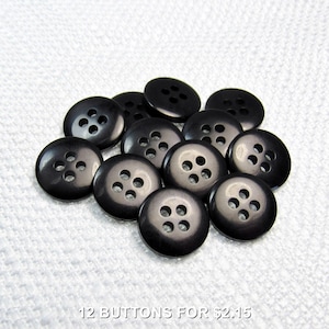 Small & Shiny: 1/2&quot; (13mm) Black Buttons • Set of 12 Vintage New Old Stock Matching Buttons