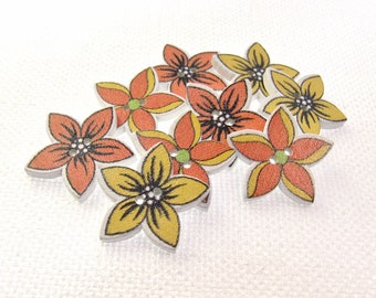 Mixed Yellows & Oranges: 3/4" (19mm) Wooden Star Flowers in 3 Shades and Styles of Yellow and Orange • Set of 9 New / Unused Buttons