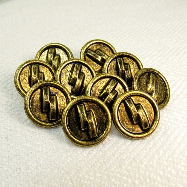 Graphic Gold: 5/8 15mm Antiqued Goldtone Metal Buttons Set of 10 New / Unused Matching Buttons image 1