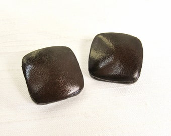 Dark Espresso Leather: 15/16" (24mm) Square Genuine Leather Buttons • Set of 2 Vintage New Old Stock Matching Buttons