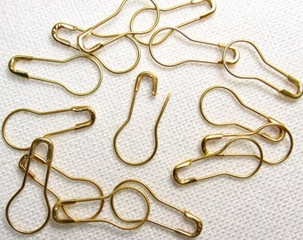 15 Bright Gold Coilless Safety Pins ~ Stitch Markers ~ Calabash Pins ~ Gourd Pins ~ Pear Pins