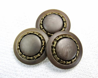 Taupe & Brass: 7/8" (22mm) Decorative Plastic Buttons • Set of 3 Vintage New Old Stock Buttons