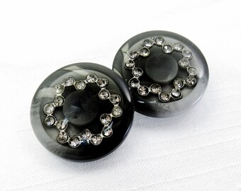 Rhinestone Sparkle: 7/8" (22mm) Marbled Dark Gray Buttons • Set of 2 New / Unused Vintage Buttons