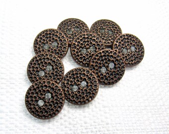Dimpled Antiqued Copper: 5/8" (15mm) Sturdy Lightweight Metal Buttons • Set of 9 Vintage New Old Stock Matching Buttons