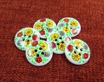 Summer Garden: 3/4" (19mm) Flower Buttons • Set of 6 New Old Stock Buttons