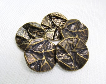 Form + Texture: 3/4" (19mm) Antiqued Gold Metal Buttons • Set of 5 New Old Stock Matching Buttons