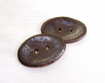Handcrafted, Rustic: Large 1-3/8" (35mm) Wide x 7/8" (22mm) High Coffee Brown Glazed Baked Clay Buttons • Set of 2 New / Unused Buttons