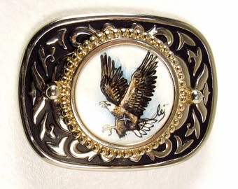 The Eagle is Landing: Hand Painted Ceramic Insert Western-Style Belt Buckle - OOAK ~ Vintage • Free Shipping!