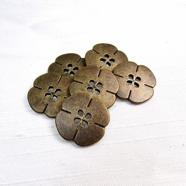 4 Petal Metal: 3/4" (19mm) Brass-Tone Metal Buttons • Set of 6 New / Unused Matching Buttons