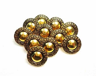 Geometric Border: 9/16" (14mm) Goldtone Faux Metal Buttons • Set of 11 Vintage New Old Stock Matching Buttons