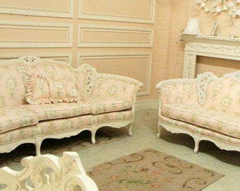 Vintage antique settee sofa couch white wood pink toile