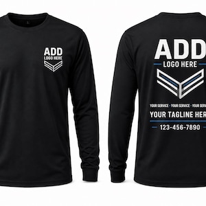 Op de afbeelding: Een zwart shirt met lange mouwen en een borstafbeelding met de tekst ADD LOGO HERE boven een chevronontwerp. De achterkant toont de tekst ADD LOGO HERE, een chevrongrafiek, YOUR SERVICE, YOUR TAGLINE HERE en 123-456-7890.