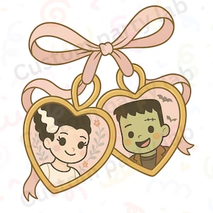 May include: Two heart-shaped pendants with cartoon illustrations of a bride and Frankenstein's monster. The pendants are gold-colored with pink backgrounds and are connected by a pink ribbon bow. The text "Custom Party Lab" is visible.