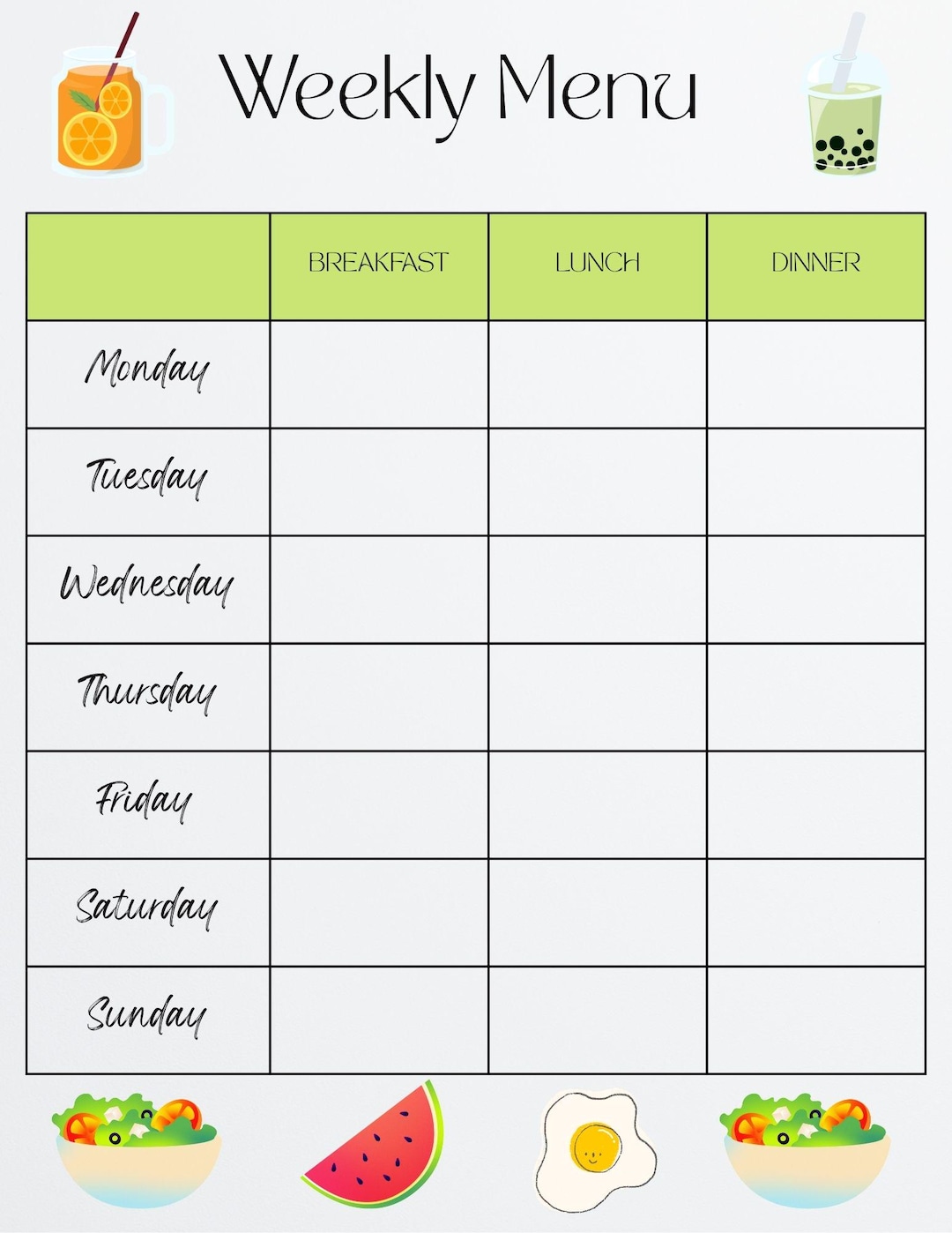 Weekly Menu Template Printable - Etsy