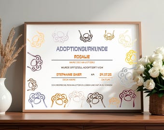 Spersonalizowany certyfikat adopcji zwierzaka, plik cyfrowy do pobrania, plakat z wizerunkiem zwierzaka do wydrukowania, prezent dla właścicieli psów i kotów