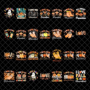 May include: A collection of twenty-eight digital graphic designs featuring autumn themes, including pumpkins, ghosts, and socks, with text such as I Love Fall, Prevention, and Fall Y'all, arranged in a grid on a black background with a faint grid overlay.