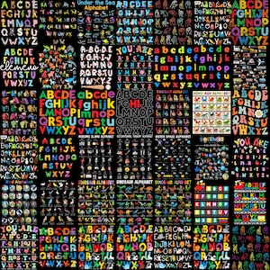 May include: A digital collage featuring numerous alphabet charts on a black background. The collection includes various themes such as animals, dinosaurs, space, sign language, and transportation, each displaying letters A through Z in diverse fonts.