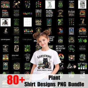 Pode incluir: Uma camiseta branca com a palavra "Gardening" e um gato preto empurrando um carrinho de mão com plantas. O texto "Because murder is wrong" está abaixo do gato. A imagem também inclui mais de 80 designs de camisetas de plantas.