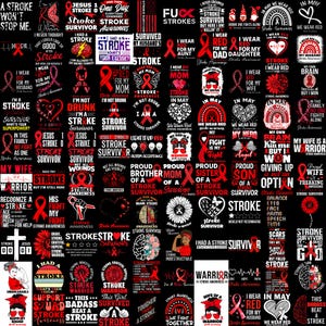 Peut inclure: Ensemble de graphismes rouges et noirs sur la sensibilisation aux accidents vasculaires cérébraux. Les motifs comprennent des rubans, du texte et des illustrations, avec des messages de soutien et de survie. Le texte comprend des phrases comme "Survivant d'AVC" et "Nous portons du rouge".
