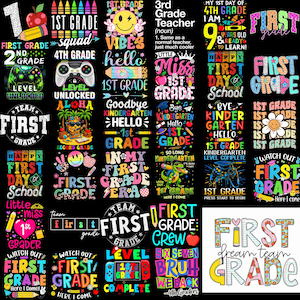 May include: A collection of colorful graphic designs featuring school-themed text and illustrations including pencils, apples, game controllers, and smiley faces. The designs contain phrases like 1st Grade, First Grade, First Day of School, and Team First Grade.