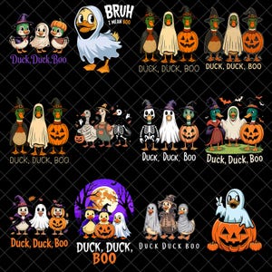 May include: A collection of twelve digital illustrations featuring ducks dressed in Halloween costumes, including ghosts, pumpkins, skeletons, and mummies. Several designs include the text Duck, Duck, Boo or Bruh I Mean Boo, set against a black background.